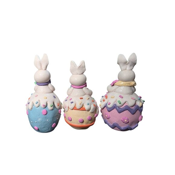 3 Sugared Glitter Bunny Rabbits Easter Eggs Decor Figurine - Picture 7 of 10